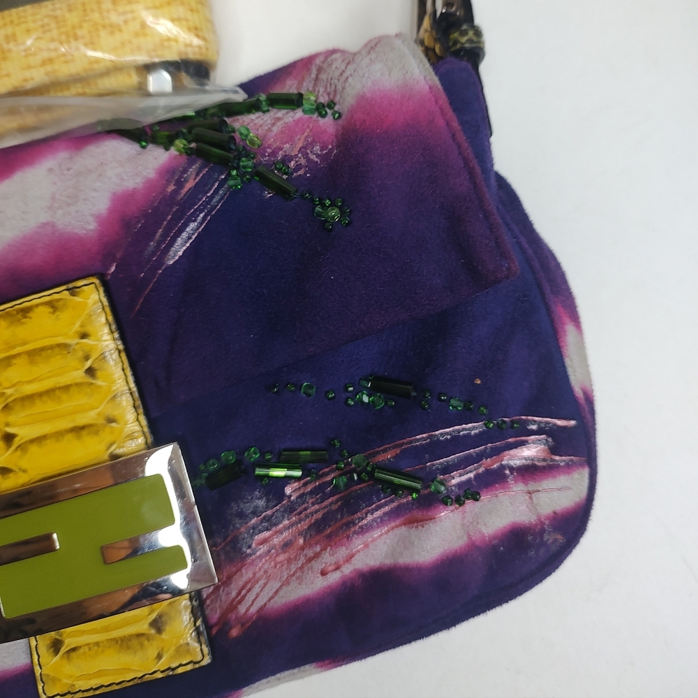 Fendi Suede Baguette Shoulder Bag NWT Beaded Python Flap Handbag Clutch Purple - Picture 4 of 16